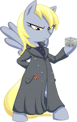 Size: 517x816 | Tagged: safe, artist:hollowzero, derpy hooves, pegasus, pony, bipedal, clothes, doctor derpy, doctor who, epic derpy, female, mare, simple background, solo, sonic screwdriver, transparent background, trenchcoat