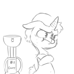 Size: 792x792 | Tagged: safe, artist:tjpones, oc, oc only, pony, grayscale, grumpy, monochrome, solo, trophy