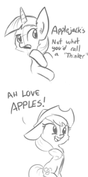 Size: 792x1584 | Tagged: safe, artist:tjpones, applejack, twilight sparkle, earth pony, pony, chest fluff, cute, grayscale, jackabetes, monochrome, silly, silly pony, that pony sure does love apples, who's a silly pony