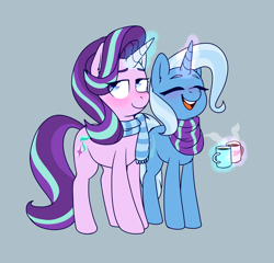 Size: 3446x3307 | Tagged: safe, artist:klngkumquat, derpibooru import, starlight glimmer, trixie, pony, unicorn, blushing, chocolate, clothes, cute, diatrixes, female, food, glimmerbetes, hot chocolate, laughing, lesbian, magic, mare, mug, scarf, shipping, startrix, telekinesis