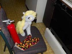 Size: 600x450 | Tagged: safe, artist:eratosofcyrene, derpy hooves, pegasus, pony, female, fire extinguisher, irl, mare, oven, oven mitt, photo, plushie, solo