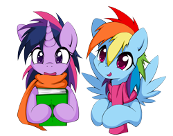 Size: 2720x2140 | Tagged: dead source, safe, artist:grumblepluck, rainbow dash, twilight sparkle, pegasus, pony, unicorn, book, clothes, cute, duo, duo female, female, high res, lesbian, mare, scarf, shipping, simple background, transparent background, twidash