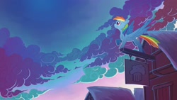 Size: 2400x1350 | Tagged: safe, artist:chromamancer, rainbow dash, pegasus, pony, backwards cutie mark, cloud, evening, female, food, house, looking away, looking up, mare, muffin, outdoors, profile, raised hoof, scenery, sign, sky, solo, spread wings, village, wings