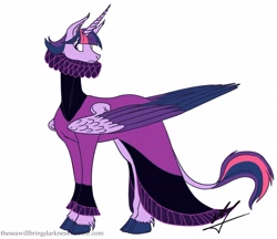 Size: 2707x2343 | Tagged: safe, artist:twilightdreamkeeper, derpibooru import, twilight sparkle, twilight sparkle (alicorn), alicorn, classical unicorn, pony, unicorn, clothes, cloven hooves, collar, colored wings, cuffs (clothes), dress, elizabethan, leonine tail, ruff (clothing), ruffles, simple background, solo, unshorn fetlocks, white background