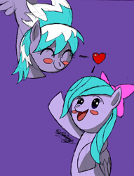 Size: 1116x1460 | Tagged: safe, artist:primogenitor34, cloudchaser, flitter, pegasus, pony, blushing, eyes closed, female, females only, hair bow, heart, mare, open mouth, purple background, raised hoof, simple background, smiling, two toned mane