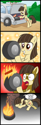 Size: 656x2000 | Tagged: safe, artist:madmax, wild fire, pegasus, pony, car, comic, crying, female, fire, flat tire, frown, help me, lol, mare, sad, shocked, sibsy, smiling, sweat, tire, weird, wheel, wide eyes