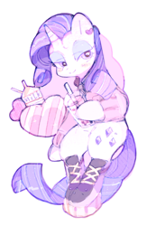 Size: 780x1200 | Tagged: safe, artist:poneko-chan, derpibooru import, rarity, pony, unicorn, blushing, boots, clothes, ear piercing, earring, heart, jacket, jewelry, lidded eyes, milk, milkshake, piercing, shoes, smiling, solo