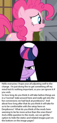 Size: 965x2070 | Tagged: safe, pinkie pie, twilight sparkle, earth pony, pony, unicorn, female, keyhole meme, mare, meme, meta, question, text