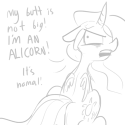 Size: 792x792 | Tagged: safe, artist:tjpones, princess celestia, alicorn, pony, denial, doodle, grayscale, monochrome, plot, simple background, solo, sunbutt, white background