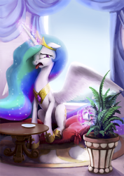 Size: 724x1024 | Tagged: safe, artist:cannibalus, princess celestia, alicorn, pony, cup, disgusted, fanfic art, female, food, mare, morning, pillow, plant, pouring, princess celestia hates tea, sitting, solo, spread wings, table, tea, teacup, tongue out, wings