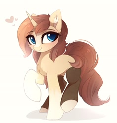 Size: 2422x2559 | Tagged: safe, artist:magnaluna, derpibooru import, oc, oc only, oc:ilonå, pony, unicorn, blushing, butt fluff, cheek fluff, chest fluff, clothes, cute, ear fluff, female, fluffy, heart, leg fluff, lidded eyes, looking at you, mare, patreon, patreon reward, raised hoof, raised leg, simple background, smiling, socks, socks (coat marking), solo, white background