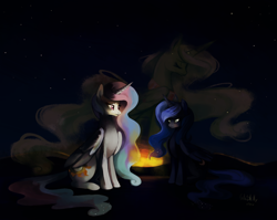 Size: 1300x1037 | Tagged: safe, artist:cuteskitty, princess celestia, princess luna, alicorn, pony, fanfic:the price of grace, duo, fanfic, fanfic art, female, glow, mare, night, sisters, sitting