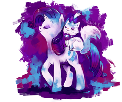 Size: 3000x2500 | Tagged: safe, artist:cuteskitty, opalescence, rarity, pony, unicorn, abstract background, eyes closed, female, high res, mare, profile, riding, smiling