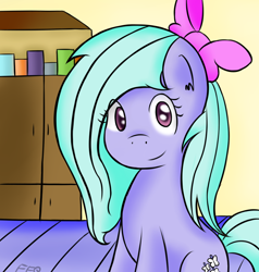 Size: 950x1000 | Tagged: safe, artist:freefraq, flitter, pegasus, pony, bow, female, hair bow, looking at you, mare, sitting, solo, tumblr, wingless