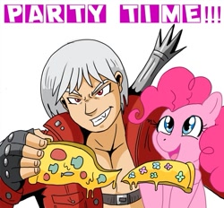 Size: 591x549 | Tagged: safe, artist:madmax, pinkie pie, earth pony, pony, anchovies, crazy awesome, crossover, dante (devil may cry), devil may cry, devil may cry 3, female, flower, food, male, mare, meat, mushroom, pepperoni, pizza, simple background, white background