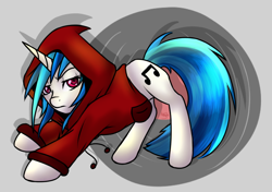 Size: 850x598 | Tagged: safe, artist:akashasi, dj pon-3, vinyl scratch, pony, unicorn, clothes, colored pupils, female, hoodie, lidded eyes, looking at you, mare, record, signature, solo