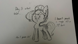 Size: 1280x720 | Tagged: safe, artist:tjpones, edit, oc, oc only, oc:brownie bun, black and white, constipated, grayscale, monochrome, parody, solo, toilet humor, traditional art