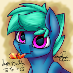 Size: 4000x4000 | Tagged: safe, artist:supermoix, derpibooru import, oc, oc only, oc:supermoix, pony, birthday, bust, male, party horn, simple background, solo, stallion