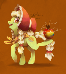 Size: 1047x1167 | Tagged: safe, artist:cuteskitty, granny smith, earth pony, pony, apple, balancing, female, mare, solo, young granny smith, younger, zap apple