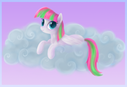 Size: 1168x798 | Tagged: dead source, safe, artist:mn27, blossomforth, pegasus, pony, cloud, colored pupils, cute, gradient background, looking at you, on a cloud, prone, simple background, smiling, solo