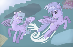 Size: 1280x823 | Tagged: safe, artist:willygalleta, cloudchaser, flitter, pegasus, pony, crepuscular rays, duo, duo female, female, flying, looking at each other, mare, spread wings, trail, vertigo, wings