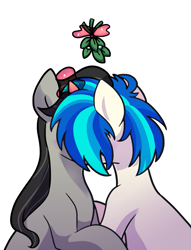 Size: 763x1000 | Tagged: safe, artist:yaaaco, derpibooru import, dj pon-3, octavia melody, vinyl scratch, earth pony, pony, unicorn, female, kissing, lesbian, mare, mistletoe, scratchtavia, shipping, simple background, white background