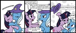 Size: 1000x437 | Tagged: safe, artist:madmax, trixie, twilight sparkle, pony, unicorn, clothes, comic, confused, female, hat, kissing, lesbian, mare, oh my, shipping, trixie's hat, twixie