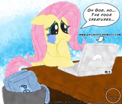 Size: 1773x1523 | Tagged: safe, artist:arbok-x, fluttershy, pegasus, pony, arrow, bag, computer, crying, desk, female, floppy ears, hoof over mouth, laptop computer, looking at something, mare, peta, sad, shocked, solo, speech bubble, teary eyes, text, trash can