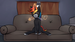 Size: 3000x1687 | Tagged: safe, artist:marsminer, oc, oc only, oc:rainbow heart, pony, unicorn, alcohol, cigarette, food, glasses, magic, rum, sitting, smoking, sofa, solo, telekinesis