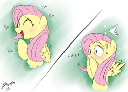 Size: 1000x720 | Tagged: safe, artist:celine-artnsfw, fluttershy, pegasus, pony, blushing, comic, cute, dawwww, dialogue, embarrassed, eyes closed, female, hiccups, laughing, lowres, mare, moe, open mouth, shyabetes, signature, solo