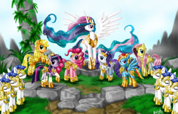 Size: 1400x900 | Tagged: safe, artist:kroliath, applejack, fluttershy, pinkie pie, princess celestia, rainbow dash, rarity, twilight sparkle, alicorn, earth pony, pegasus, pony, unicorn, armor, armorarity, female, mane six, mare, rearing, royal guard