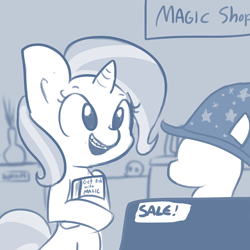 Size: 682x682 | Tagged: safe, artist:tjpones, trixie, pony, unicorn, /mlp/, book, braces, cute, diatrixes, female, mare, monochrome, sketch, solo, trixie's hat, younger