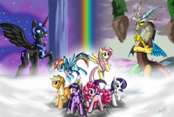 Size: 2478x1672 | Tagged: safe, artist:kroliath, applejack, discord, fluttershy, nightmare moon, pinkie pie, rainbow dash, rarity, twilight sparkle, unicorn twilight, alicorn, earth pony, pegasus, pony, unicorn, elements of harmony, female, mane six, mare