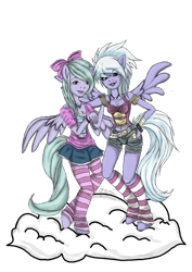 Size: 900x1273 | Tagged: safe, artist:ohsojenziiferic, cloudchaser, flitter, anthro, ambiguous facial structure, belt, bow, clothes, cloud, skirt, socks, striped socks