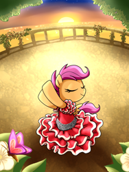 Size: 900x1200 | Tagged: safe, artist:madmax, scootaloo, butterfly, pegasus, pony, clothes, dancing, dress, eyes closed, female, filly, flamenco, solo, sunset