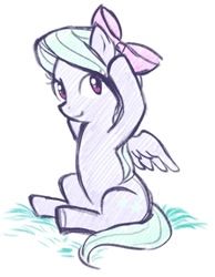 Size: 437x562 | Tagged: safe, artist:angeban, flitter, blank flank, bow, female, filly, hair bow, looking at you, simple background, sitting, sketch, smiling, solo, spread wings, underhoof, white background, wings