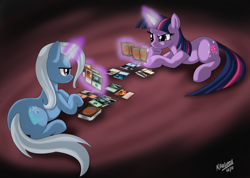 Size: 1670x1186 | Tagged: safe, artist:kroliath, trixie, twilight sparkle, pony, unicorn, card, duo, female, frown, magic, magic the gathering, mare, prone, smiling, telekinesis