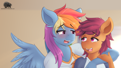 Size: 2240x1267 | Tagged: dead source, safe, artist:sugarlesspaints, rainbow dash, scootaloo, anthro, bedroom eyes, eye contact, nail polish, open mouth