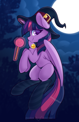 Size: 1772x2717 | Tagged: safe, artist:php97, derpibooru import, twilight sparkle, twilight sparkle (alicorn), alicorn, pony, bell, bell collar, candy, clothes, collar, female, flying, food, full moon, glowing horn, hat, lollipop, magic, mare, missing cutie mark, moon, panties, smiling, socks, solo, stockings, striped socks, telekinesis, thigh highs, underwear, witch hat