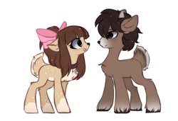 Size: 1248x852 | Tagged: safe, artist:little-sketches, derpibooru import, oc, oc only, oc:alice (m0chis), deer pony, original species, bow, choker, eye contact, female, hair bow, looking at each other, male, pale belly, simple background, unshorn fetlocks, white background