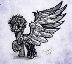 Size: 1857x1663 | Tagged: safe, artist:selenophile, oc, oc only, amputee, augmented, bedroom eyes, boots, clothes, looking at you, looking back, messy mane, pen and ink, prosthetic limb, prosthetic wing, prosthetics, sketchbook, solo, spread wings, underhoof