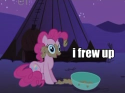 Size: 417x311 | Tagged: safe, screencap, pinkie pie, earth pony, pony, over a barrel, bowl, caption, derp, dialogue, female, i frew up, image macro, mare, meme, open mouth, outdoors, smiling, solo, vomit