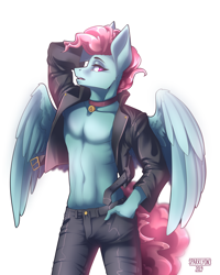 Size: 3200x4000 | Tagged: safe, artist:sparklyon3, derpibooru import, oc, oc only, anthro, pegasus, anthro oc, armpits, clothes, jacket, leather jacket, male, rcf community, solo