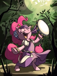 Size: 900x1200 | Tagged: safe, artist:puddlesofcuddles, pinkie pie, pony, friendship is witchcraft, bipedal, bracelet, clothes, dancing, dress, ear piercing, earring, eyes closed, flower, flower in hair, forest, gypsy pie, happy, hoof hold, jewelry, musical instrument, open mouth, piercing, romani, singing, smiling, solo, tambourine
