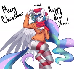 Size: 1920x1800 | Tagged: safe, artist:chibadeer, derpibooru import, princess celestia, anthro, unguligrade anthro, christmas, clothes, hat, holiday, mistletoe, pose, santa hat, scarf, simple background, socks, solo, spread wings, stockings, striped socks, sweater, thigh highs, white background, wings