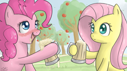 Size: 1600x900 | Tagged: dead source, safe, artist:speccysy, fluttershy, pinkie pie, earth pony, pegasus, pony, apple, apple cider, apple tree, blushing, cider, drunk, drunkie pie, duo, female, food, mare, signature, tree