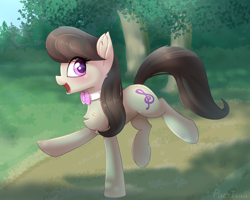 Size: 2237x1792 | Tagged: safe, artist:puetsua, derpibooru import, octavia melody, earth pony, pony, balancing, chest fluff, cute, ear fluff, extended trot pose, featured image, female, fluffy, happy, leg fluff, looking at you, mare, open mouth, open smile, outdoors, park, path, raised hoof, raised leg, running, smiling, solo, tavibetes, tree