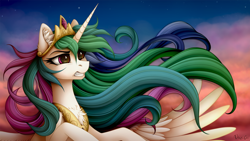 Size: 1920x1080 | Tagged: safe, artist:vird-gi, derpibooru import, princess celestia, alicorn, pony, chest fluff, ear fluff, female, jewelry, mare, regalia, solo, wallpaper