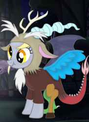 Size: 763x1048 | Tagged: dead source, safe, artist:smor3s, derpy hooves, discord, pegasus, pony, costume, female, mare, solo