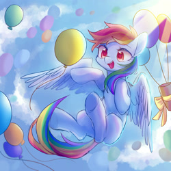 Size: 2000x2000 | Tagged: safe, artist:leafywind, derpibooru import, rainbow dash, pegasus, pony, balloon, cloud, colored pupils, crepuscular rays, cute, dashabetes, female, flying, mare, open mouth, present, ribbon, sky, smiling, solo, spread wings, starry eyes, underhoof, wingding eyes, wings